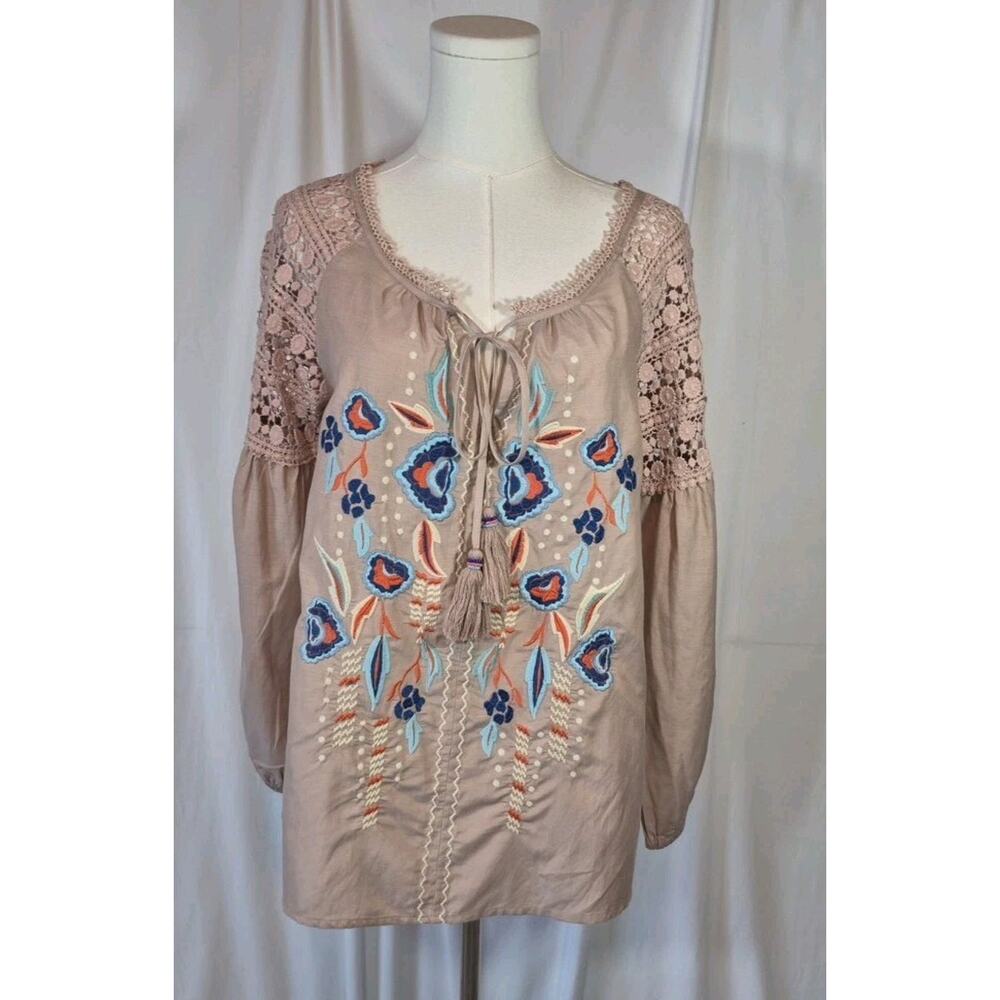 Sundance Crochet Brown Blue Floral Cotton Blend Top XS